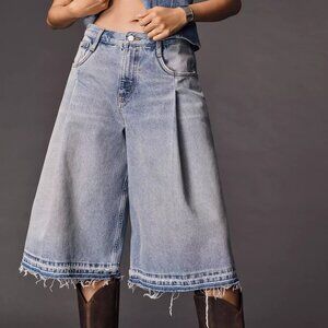 Pilcro Pleated Culotte Wide-Leg Denim Shorts